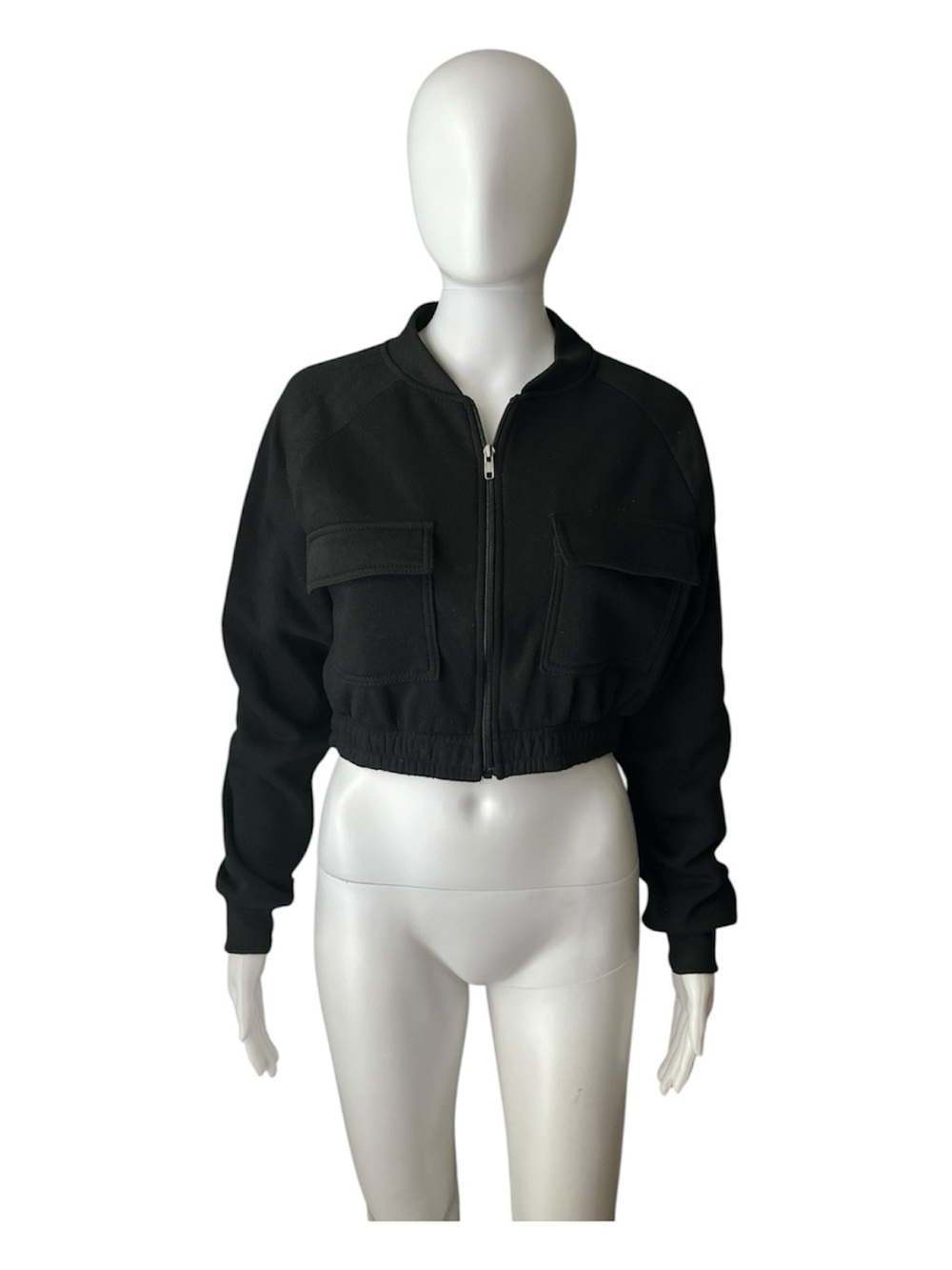 Cropped Black Bomber Jacket with Utility Pockets - Women